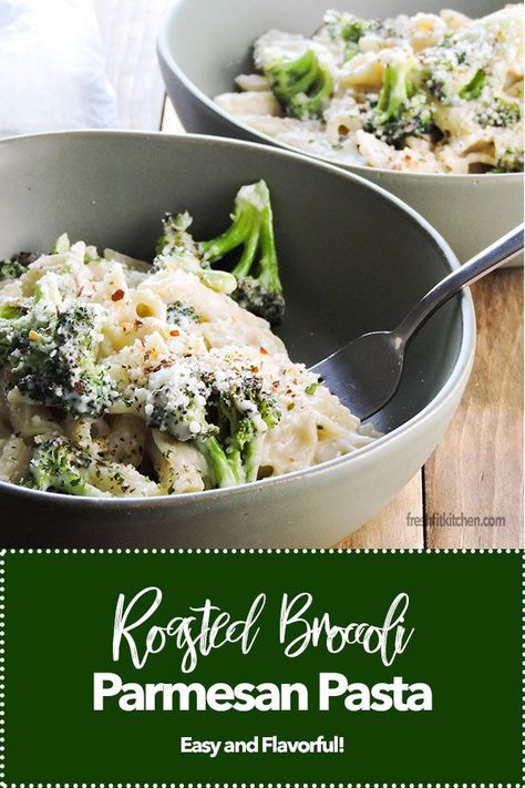 Roasted Broccoli Parmesan Pasta is a grown up macaroni and cheese. Parmesan cheese makes a lovely light cream sauce and it's tossed with pasta and roasted broccoli. The perfect weeknight vegetarian meal. You can add protein if you please. #vegetarian #pastarecipes #roastedbroccoli Macaroni And Cheese Creamy, Light Cream Sauce, Broccoli Parmesan, Crispy Broccoli, Pasta Parmesan, Spaghetti Squash Noodles, Parmesan Roasted Broccoli, Pasta Substitute, Pasta Fresh