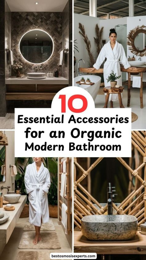 13 Essential Accessories for an Organic Modern Bathroom Small Bathroom Ideas Organic Modern, Modern Organic Bathroom Decor, Organic Modern Bathroom Decor, Natural Bathroom Accessories, Organic Bathroom Design, Minimalist Shelves Decor, Modern Organic Bathroom, Organic Bathroom, Organic Modern Bathroom