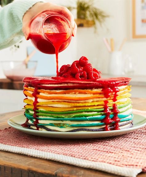 Rainbow Crepe Cake, Rainbow Crepe, Crepe Cake Recipe, Rainbow Pancakes, Crepes Filling, Crepe Cake, Raspberry Sauce, Vanilla Paste, Vanilla Custard