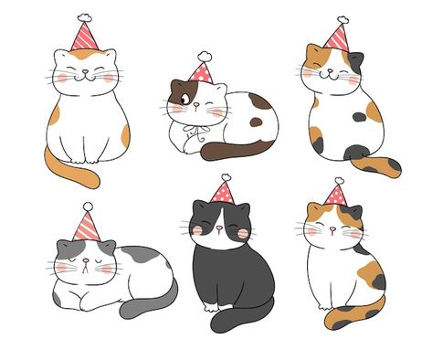 Cat With Birthday Hat Drawing, Birthday Hat Drawing, Cat With Party Hat, Graduation Cap Drawing, Simple Cat Drawing, Hat Drawing, Vector Illustration Character, Draw Vector, Banner Drawing