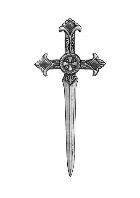 Crossed Spears Tattoo, Dagger Tattoo Sternum, Crusader Tattoo, Dagger Tattoo Design, Cross Knife, Knife Tattoos, Leg Tattoo Design, Tattoo Warrior, May Tattoo