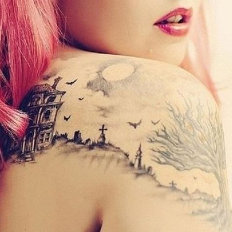 Haunted House Tattoo, Kunst Tattoos, Landscape Tattoo, Muster Tattoos, Theme Tattoo, Shoulder Tattoos, Halloween Tattoo, Home Tattoo, Halloween Tattoos