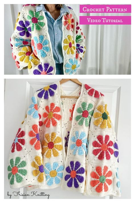 Flower Cardigan Crochet, Retro Daisy Granny Square, Beginner Crochet Cardigan, Beginner Crochet Sweater, Crochet Cardigan For Beginners, Crochet A Cardigan, Crochet Flower Granny Square Pattern, Cardigan Tutorial, Daisy Granny Square