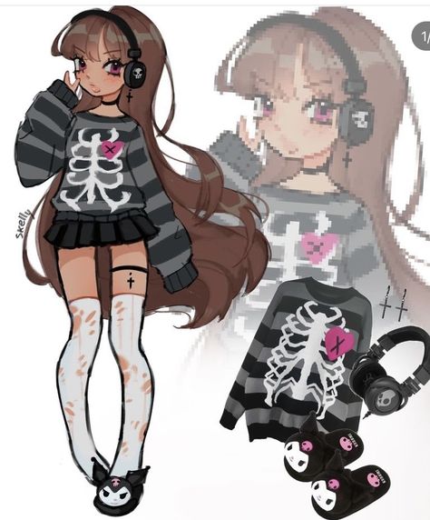 Kuromi Outfit, Scene Emo Art, Outfit Drawing, Cute Kuromi, Random Clothes, Emo Art, Swag Art, Cute Art Styles, Sketchbook Art Inspiration