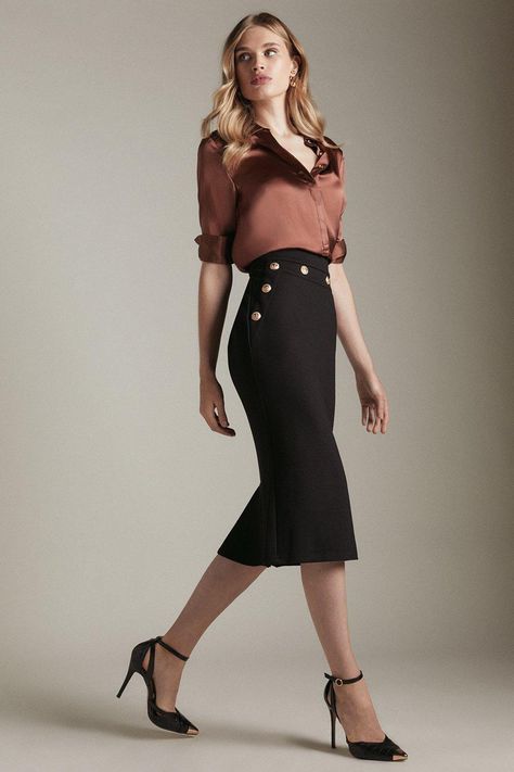 Ponte Rivet Detail Jersey Pencil Skirt Pencil Skirt Outfits Classy Work, Office Job Outfits Skirts, Pencil Skirt Formal Outfit, Office Pencil Skirt Outfit, Black Pencil Skirt Outfit Dressy, Formal Skirt Outfit Classy, Stylish Business Attire Women, Business Skirt Outfits, Pencil Skirt Outfits For Work