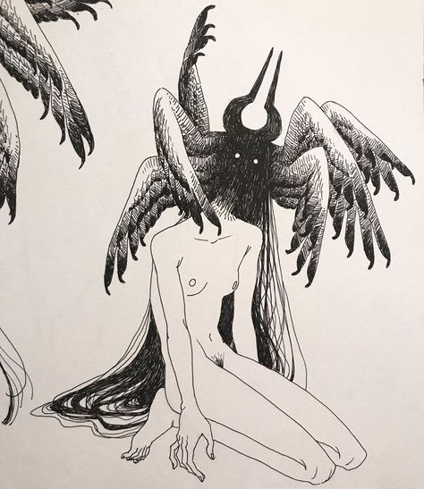 Demon Design Ideas, Demon Design Character Concept, Strange Sketches, Humanoid Creature Design, Demon Character Art, Horns On Head, Humanoid Demon, Ink Creature, Demon Types