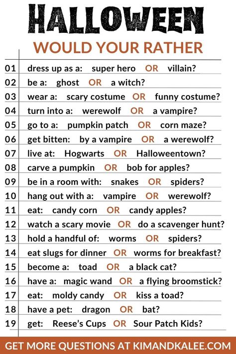 Halloween Games Adults Activities, Halloween Word Games For Adults, Halloween Would You Rather For Adults, Halloween Night Ideas For Kids, Halloween Questions For Kids, Would You Rather Halloween Questions, Halloween Would You Rather For Kids, Would You Rather Halloween, Halloween Family Party Ideas