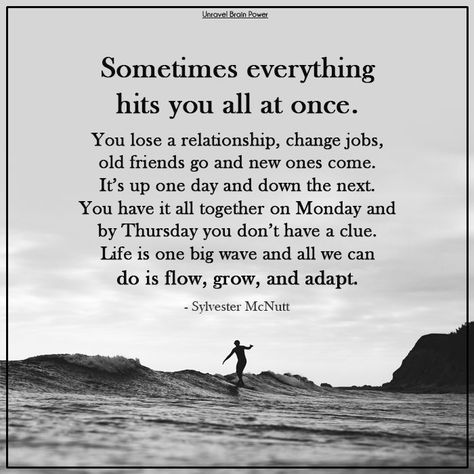 Sometimes everything hits you all at once. You lose a relationship, change jobs, old friends go and new ones come. It’s up one day and down the next. You have it all together on Monday and by Thursday you don’t have a clue. Life is one big wave and all we can do is flow, grow, and adapt. - Sylvester McNutt Sometimes Everything Hits You At Once, Losing Job Quotes Inspiration, Losing A Job Quotes, Life Ups And Downs Quotes, Losing Your Job Quotes, Lost My Job Quotes, Big Changes Are Coming Quote, Quotes About Job Change, Lost Job Quotes Inspiration