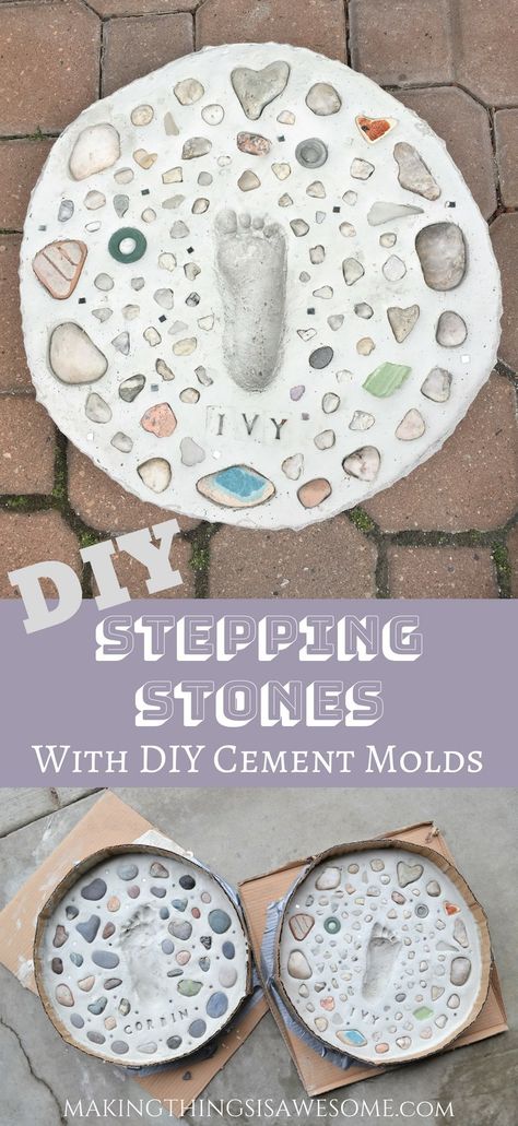 Quick Concrete Projects, Diy Footprint Stepping Stones, Footprint Garden Stones, Stepping Stones Kids, Garden Stepping Stones Diy, Diy Stepping Stones, Stepping Stone Molds, Footprint Keepsake, Diy Cement