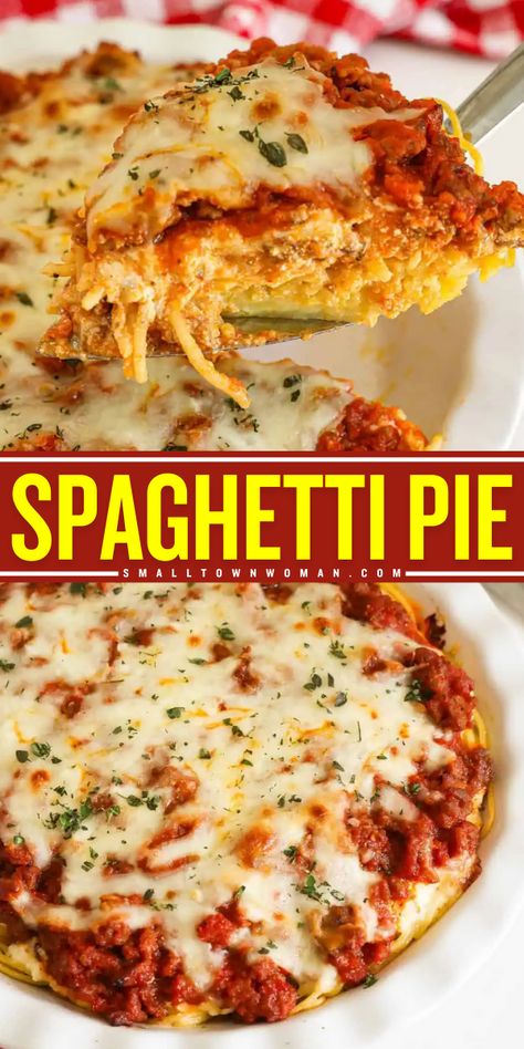 This pasta dinner idea is a fun twist on a classic! It's such a delicious home-cooked meal. The whole family will love every bite of this easy spaghetti pie recipe that's cheesy and herby with a tangy marinara sauce! Spaghetti Pie With Ricotta, Spagetti Pie Recipe Easy, Spaghetti Pie Recipe, Spaghetti Pie With Cottage Cheese, Spaghetti Pie Recipe Easy, Spaghetti Pie Real Simple, Cheesy Chicken Spaghetti Bake By 12 Tomatoes, Cheesy Chicken Spaghetti 12 Tomatoes, Spaghetti Pie Recipes