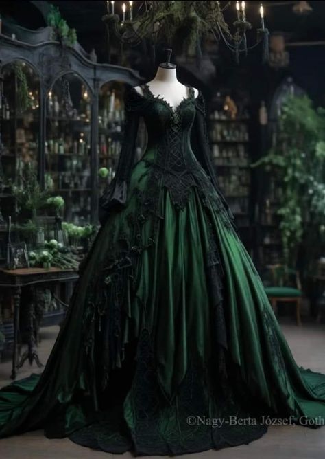 Dark Green Princess Dress, Ball Dress Aesthetic, Green Fantasy Dress, Green Ball Dress, Emerald Wedding Dresses, Slytherin Dress, Royal Vibes, Dark Green Wedding, Vampire Dress