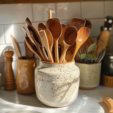 "Kitchen Utensil Collection: A #stylish #ceramic #holder filled with a #variety of #wooden #kitchen #tools on a #countertop. #utensils #aiart #aiphoto #stockcake ⬇️ Download and 📝 Prompt 👉 https://stockcake.com/i/kitchen-utensil-collection_350683_281070" Stoneware Utensil Holder, Boho Kitchen Utensil Holder, Kitchen Ideas Utensils, Aesthetic Kitchen Plates, Pottery Kitchen Utensil Holder, Boho Utensils, Ceramic Kitchen Utensils, Ceramic Kitchen Accessories, Wooden Kitchen Tools