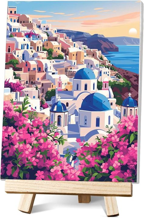 Amazon.com: Hlison Paint by Number Kit for Adults, Santorini Landscpe Framed Paint by Numbers Kit for Adults, Easy Watercolor Painting by Number Kits - 8" x 12" Paint By Numbers Aesthetic, Watercolor Paintings Easy, Paint By Number Kits, Easy Watercolor, Amazon Art, Paint By Number, My Happy Place, Santorini, Diy Painting