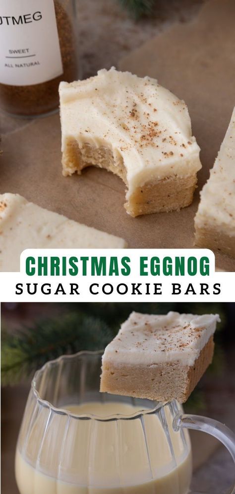 Best Eggnog Cookies, Eggnog Bars Recipe, Eggnog Sugar Cookie Recipe, Eggnog Shortbread Cookies, Recipes With Eggnog In It, Eggnog Sugar Cookies, Eggnog Squares, Eggnog Cookies Recipe, Christmas Cookie Bars Recipes