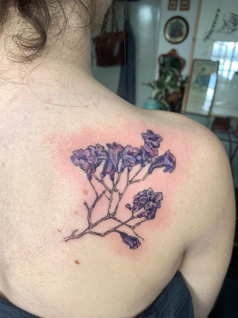 Jacaranda Tree Tattoo, Jacaranda Tattoo, Blue Jacaranda, Jacaranda Tree, Piercing Inspo, Tree Tattoo, Tiny Tattoos, Print Tattoos, Arm Tattoo