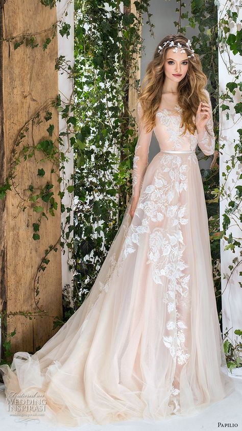 Weddinginspirasi.com featuring - papilio 2018 bridal long sleeves sheer bateau sweertheart neckline full embellishment romantic blush a line wedding dress chapel train (3) mv -- Papilio 2018 Wedding Dresses #wedding #weddings #bridal #weddingdress #weddingdresses #bride #fashion #collection:Wonderland #label:Papilio #week:162018 #year:2018 ~ Long Sleeve Bridal Dresses, Off Shoulder Wedding Dress, Dresses Romantic, A Wedding Dress, Long Sleeve Wedding, Dresses Elegant, Best Wedding Dresses, Tulle Wedding, Long Wedding Dresses