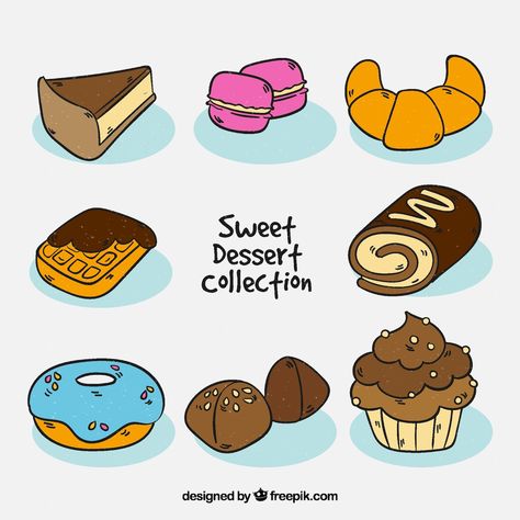 Free Vector | Sweets desserts collection in hand drawn style Sweet Treat Drawing, Treat Drawing, Childhood Collage, Sweets Illustration, Poster Drawing, Sweet Desserts, Sweets Desserts, Sweet Treat, Easy Drawings