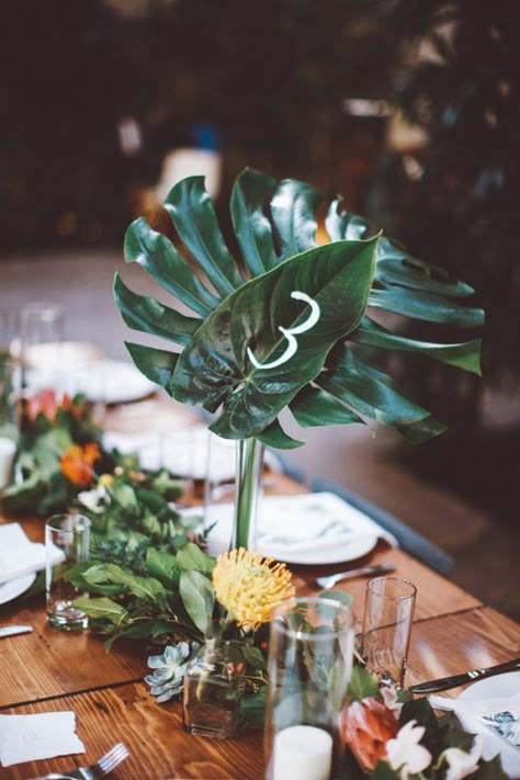 You'll Love Every Detail of This Tropical Eclectic Millwick Wedding | Junebug Weddings Green Tables, Tropical Wedding Centerpieces, Tropical Centerpieces, Greenery Wedding Centerpieces, Tropical Wedding Theme, Tropical Wedding Decor, Anniversary Shoot, Decor Color Palette, Reception Table Decorations