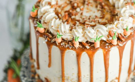 Caramel Carrot Cake Ultimate Carrot Cake Recipe, Caramel Carrot Cake, Russian Buttercream, Carrot Cake Decoration, Caramel Ingredients, Salty Caramel, Carrot Cake Recipe, Fancy Desserts, Homemade Caramel