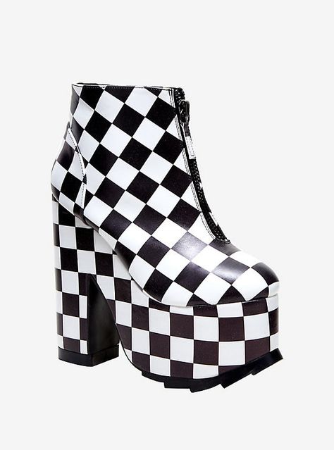 Y.R.U. Nightmare Checkerboard Platform Heels, BLACK WHITE CHECKER Platform Heels Black, Egirl Style, Shop Heels, Mod Look, Demonia Shoes, Date Outfit Summer, Fashion Tops Blouse, Kawaii Dress, Video Ideas