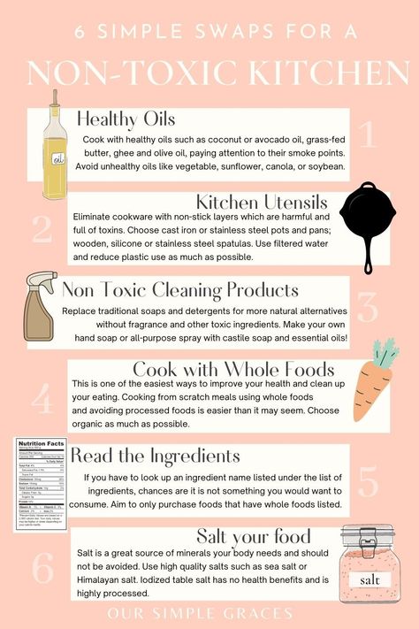 Cleaning up your home and removing harmful products can be a little intimidating. These simple swaps for a healthy non toxic kitchen are easy and can make a huge impact on you and your families health. If you have been looking to live a more toxin-free life, cleaning up the kitchen is a great place to start! Toxic Food Ingredients, Healthy Non Toxic Meals, Non Toxic Kitchen Utensils, Non Toxic Meals, Non Toxic Snacks, Non Toxic Brands, Non Toxic Home Swaps, Non Toxic Food Swaps, Non Toxic Recipes