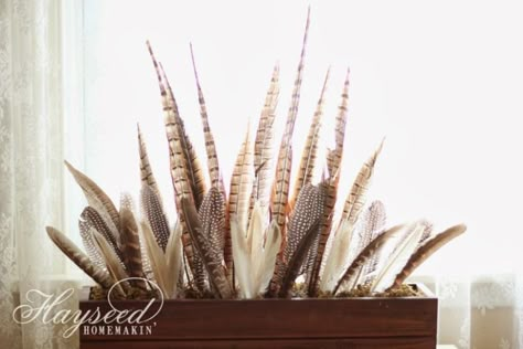 Wood Window Boxes, Diy Tablescapes, Feather Arrangements, Craft Therapy, Resin Vase, Wood Window, Elegant Bouquet, Feather Decor, Pheasant Feathers