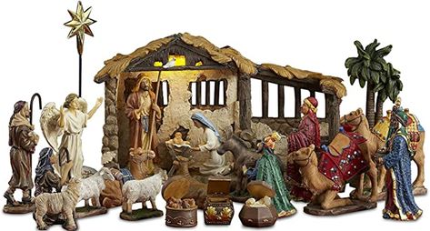 Amazon.com: Three Kings Gifts 23 Pieces, 5-Inch The Real Life Nativity - Includes Lighted Stable, Palm Tree and Chests of Gold, Frankincense and Myrrh : Home & Kitchen Gold Frankincense And Myrrh, Three Kings Gifts, Nativity Scene Sets, Catholic Christmas, Frankincense And Myrrh, Catholic Company, Christmas Nativity Set, Nativity Scenes, Frankincense Myrrh