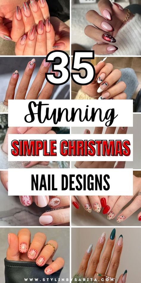 easy christmas nails Subtle Xmas Nail Designs, Dec Nails 2024, Easy Festive Nails, Short Minimalist Christmas Nails, Cute Xmas Nails Simple, French Tip Christmas Nail Ideas Short, Simple Christmas Nails Round, Neutral Xmas Nails, Christmas Short Nails Ideas