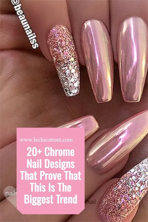 20+ Chrome Nail Designs That Prove That This Is The Biggest Trend. Looking for the next trendy nail ideas? Look no further than the trendy nail design of chrome nails. There are plenty of chrome nail and chrome nail design that are perfect for the chrome nails Hailey Bieber nail trend. Plenty of trendy nail designs can be done with chrome nails. #chromenails #chromenaildesign #chromenail #trendynailideas #trendynailart Rose Chrome Nails Design, Light Pink Chrome Nails With Design, Metallic Color Nails, Chrome Dipped Nails Ideas, Pink Glitter Chrome Nails, Chrome Dip Nails Ideas, Chrome Nails With Bling, Chrome And Sparkle Nails, Fun Chrome Nails Summer