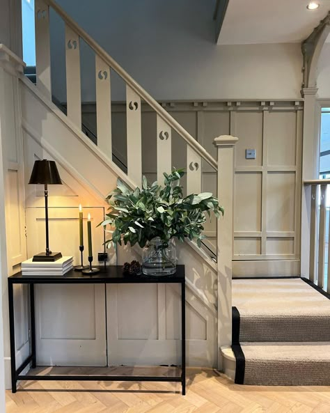 Panelling- the original panelling in our hallway is made of real wood. Although incredibly lucky that no one had ripped it out in that time… | Instagram 1930s Hallway Panelling, 1930 Staircase Ideas, 1930s Panelled Hallway, 1930s Panelling, 1920s Hallway, 1930 Hallway, 1930s House Interior Original, 1930s Hallway Ideas, 1930s Hallway