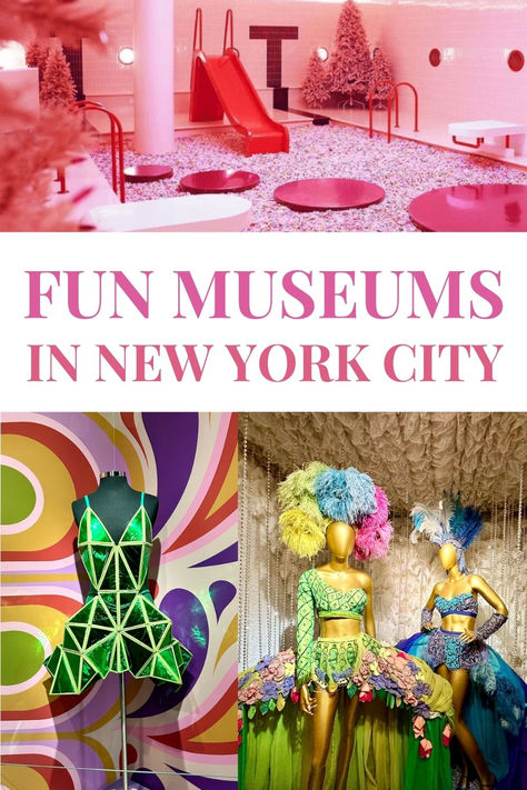 A montage of images from different fun museum in NYC. The top image features a gigantic ball pall with a bright pink slide. The bottom images are from the museum of Broadway and feature bright colourful Broadway costumes. Cool Museums In Nyc, Unique Stores In Nyc, Best Museums In Nyc, Unique Things To Do In Nyc, Fun Things To Do In Nyc, Museum Of Natural History Nyc, Cool Museums, Nyc Museums, Nyc Vibes