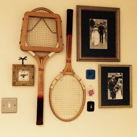 Vintage Tennis Racket Wall Decor, Tennis Rackets On Wall, Tennis Racket On Wall, Old Tennis Rackets Ideas, Old Tennis Racket Decor, Vintage Tennis Racket Decor Wall Art, Tennis Racket Wall Decor, Vintage Tennis Racket Decor, Wedding Picture Wall