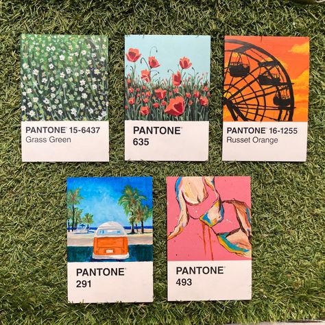 Painting On Pantone Cards, Pantone Postcard Painting, Pantone Art Painting, Pantone Challenge Ideas, Pantone Painting Challenge, Pantone Card Painting, Pantone Postcard Art, Pantone Drawing, Pantone Painting