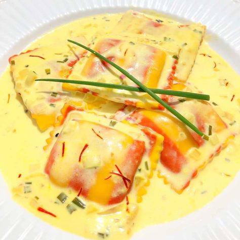 LOBSTER RAVIOLI WITH SAFFRON CREAM SAUCE | Let's Cook Some Food Saffron Sauce Recipes, Saffron Cream Sauce, Lobster Ravioli Sauce, Saffron Cream, Saffron Recipes, Lobster Ravioli, Ravioli Recipe, Lobster Recipes, Homemade Pasta