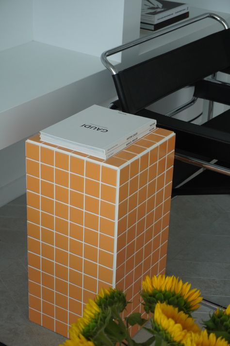 Tile-style Column Side Table, Mosaic Side Table, Handmade Furniture Design, White Grout, Tile Tables, Orange Furniture, Diner Table, Tile Furniture, Orange Ceramic