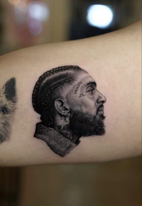 Nipsey Hussle micro realism fine line black and grey single needle portrait tattoo Micro Realism Portrait Tattoo, Black And Grey Portrait Tattoo, Micro Needle Tattoo, Rapper Portrait Tattoo, Mini Portrait Tattoo, Micro Portrait Tattoo, Realism Small Tattoo, Fine Line Portrait Tattoo, Portrait Tattoo Ideas Faces