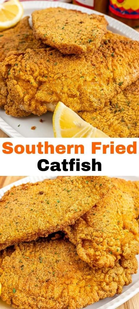 Try the crispy and flavorful goodness of Southern Fried Catfish with our classic recipe, where catfish fillets are coated in a seasoned cornmeal batter and fried to perfection. For a diverse collection of Southern-inspired recipes and culinary inspiration, be sure to follow us and bring a taste of the South to your kitchen! Fried Catfish Batter Recipes, Cajun Fried Catfish Recipes, Catfish And Potatoes, Fried Fish With Mustard, Southern Fried Fish Soul Food, Catfish Fry Recipe, Fried Fish Recipes Southern, Fried Cat Fish Recipes, Southern Catfish Recipes