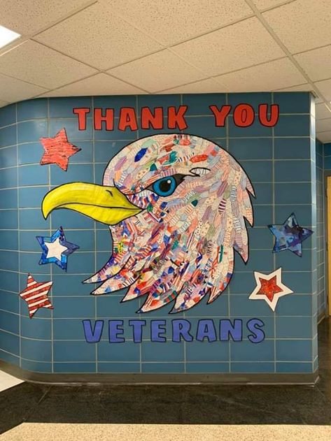 Veterans Day Collaborative Art, Veterans Day Posters For School Ideas, Veterans Day Paintings, Veterans Day School Decorations, Veterans Day Door Decorations Classroom, Veterans Day Art Projects For Elementary, Veterans Day Decorations School, Patriots Painting, Veterans Day Bulletin Board Ideas