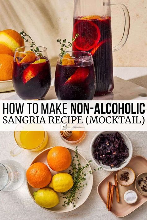 Non alcoholic sangria recipe with a spiced hibiscus syrup, fresh citrus, and thyme. This delicious sangria mocktail recipe is perfect for serving a crowd! Sangria Mocktail, Holiday Sangria Recipes, Non Alcoholic Sangria, Hibiscus Syrup, Sangria Ingredients, Dried Hibiscus Flowers, Passion Tea, Thyme Recipes, The Mediterranean Dish