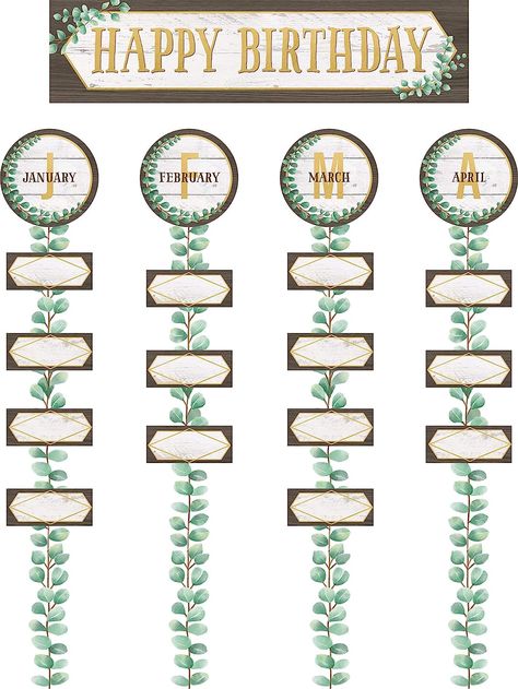 Great way to display students names on this soft greenery bulletin board 70 total pieces The header piece measures 21" x 5-1/8" Greenery Classroom, Plant Classroom, Geometric Cards, Birthday Bulletin Board, Plants Classroom, Birthday Board Classroom, Classroom Goals, Birthday Bulletin Boards, Birthday Bulletin