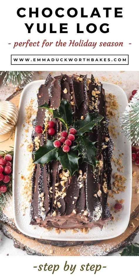 This classic French Christmas Cake, called Bûche De Noël (Yule Log) is an absolute showstopper. This chocolate cake roll is filled with sweet whipped cream and nutella and surrounded in chocolate cream and chocolate shards. Perfect for Christmas Day. Easy Christmas Sweets, Christmas Sweets Easy, Cake Recipes Christmas, Yule Recipes, Chocolate Cake Roll, Chocolate Shards, Christmas Yule Log, Chocolate Log, Chocolate Yule Log