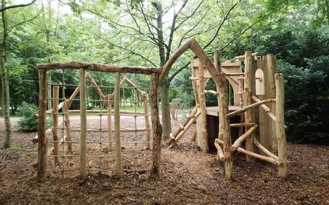 The Fountains Abbey and Studley Royal rustic woodland play area is one of the most extensive we have ever built, stretching out through the forest and capable Climbing Net Playground, Wooden Playground Ideas, Sensory Playground Outdoor, Rustic Playground, Natural Outdoor Playground, Natural Playground Ideas, Natural Play Spaces, Wooden Climbing Frame, Outdoor Play Space