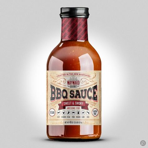 Create a Rustic/Vintage Label for Badass BBQ Brand Product label contest design#product#label#WaywardGourmet Tomato Sauce Packaging Design, Bbq Sauce Label Design, Tomato Sauce Label Design, Hot Sauce Label Design, Pepper Sauce Label Design, Bbq Brands, Spice Rub, Nutrition Information, Modern Retro