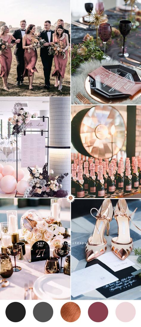 Rose Pink And Black Wedding, Black White Gold Blush Wedding Color Palettes, Grey And Rose Gold Wedding, Black And Rose Gold Wedding Theme, Rose Gold And Black Wedding Theme, Black And Rose Gold Wedding, Rose Gold Wedding Theme, Wedding Rose Gold Theme, Grey Wedding Theme