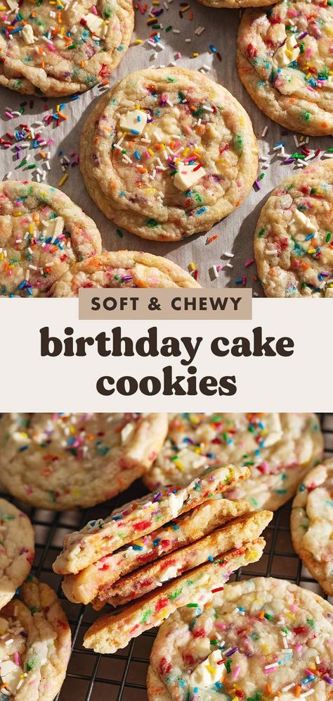 These soft and chewy birthday cake cookies are full of white chocolate and rainbow sprinkles. They're made with clear vanilla extract for that classic birthday cake flavour in cookie form! #cookies #birthdaycake | teakandthyme.com Mrs Fields Sugar Cookie Recipe, Easy Birthday Desserts, Classic Birthday Cake, Birthday Cake Cookies, Cookies With White Chocolate, Cake Batter Cookies, Vegan Birthday Cake, Funfetti Cookies, Xmas Desserts