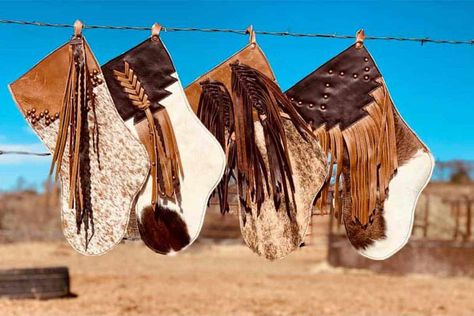 Leather Stockings To Stuff This Christmas Cowhide Decor, Custom Leather Work, Western Crafts, Cowgirl Magazine, Leather Tooling Patterns, Christmas Stockings Diy, Western Gifts, Leather Craft Projects, Cowboy Christmas