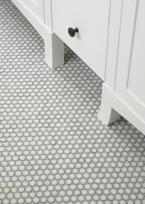 The bathroom tile you should stop using in your flip and 10 WAY better options | Rethink Home Interiors White Penny Tile Bathroom, Penny Round Tile Bathroom, Penny Tile Bathroom, Penny Tile Bathroom Floor, Blue Penny Tile, Penny Tiles Bathroom, Penny Tiles, Penny Tile Floors, Gray Grout