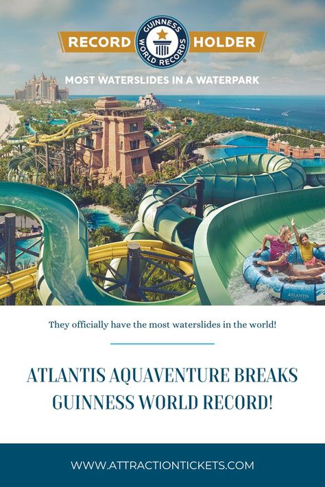 Atlantis Aquaventure in Dubai now has the most waterslides of any water park in the world! #Aquaventure #Dubai #AtlantisAquaventure Aquaventure Dubai, Atlantis Aquaventure, World Record, World Records, Guinness, Water Park, Atlantis, In Dubai, Dubai