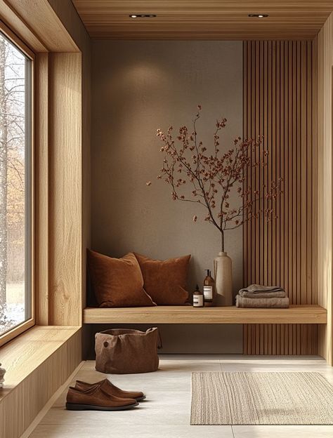 Japandi Mudroom, Small Studio Apartment Design, Cozy Scandinavian, Japandi Living, Latest Living Room Designs, Seating Ideas, Home Hall Design, Farmhouse Fireplace, Japanese Interior Design