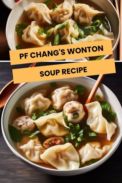 Craft restaurant-quality comfort with PF Chang's Wonton Soup recipe. Elevate your home dining with this savory blend—a taste of Asian culinary excellence. Copycat Pf Changs Wonton Soup, Pf Chang Wonton Soup Recipe, Creamy Wonton Soup, Wonton Soup Recipe Broth, Wonton Soup Bokchoy, Best Wonton Soup Recipe, Hot Sour Soup Chinese, Authentic Wonton Soup Recipe, Dumpling Ramen Soup